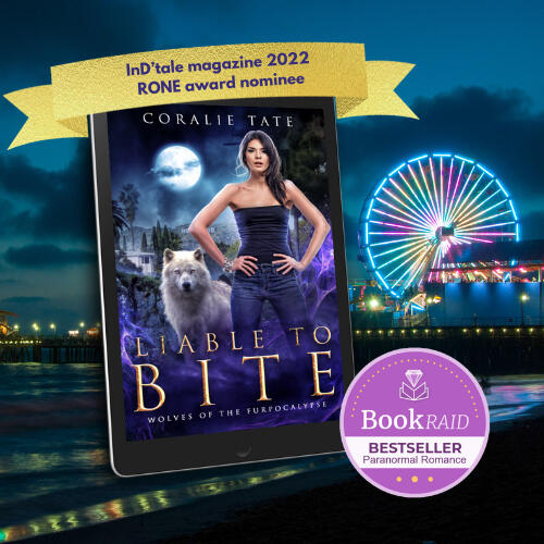 Liable To Bite Kindle cover on tablet with Santa Monica pier in background.