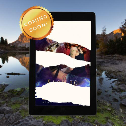 An ebook with the cover obscured by pieces of torn paper. You can see a glimpse of a woman seated and a howling wolf. The woman is wearing a tank top and has botanical tattoos on her shoulder and arm.