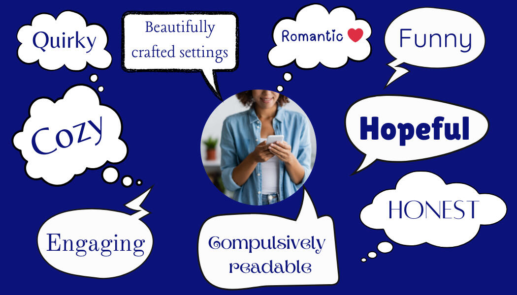 A smiling woman in a blue denim shirt is texting on a white phone.