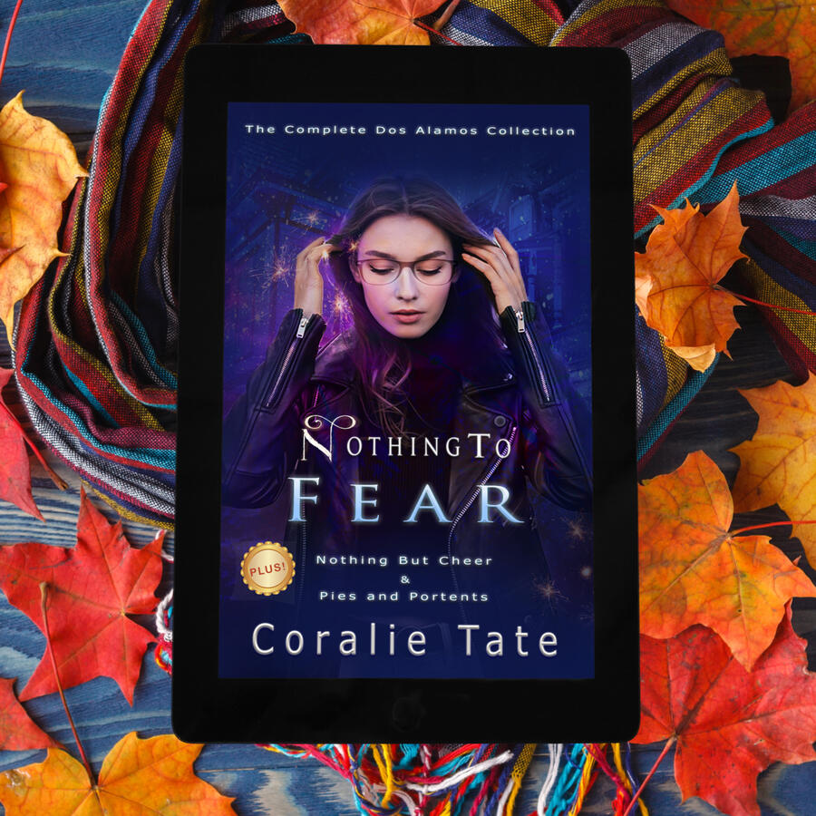 Nothing to Fear ebook cover on a background with a blue table, a colorful scarf, and autumn leaves.